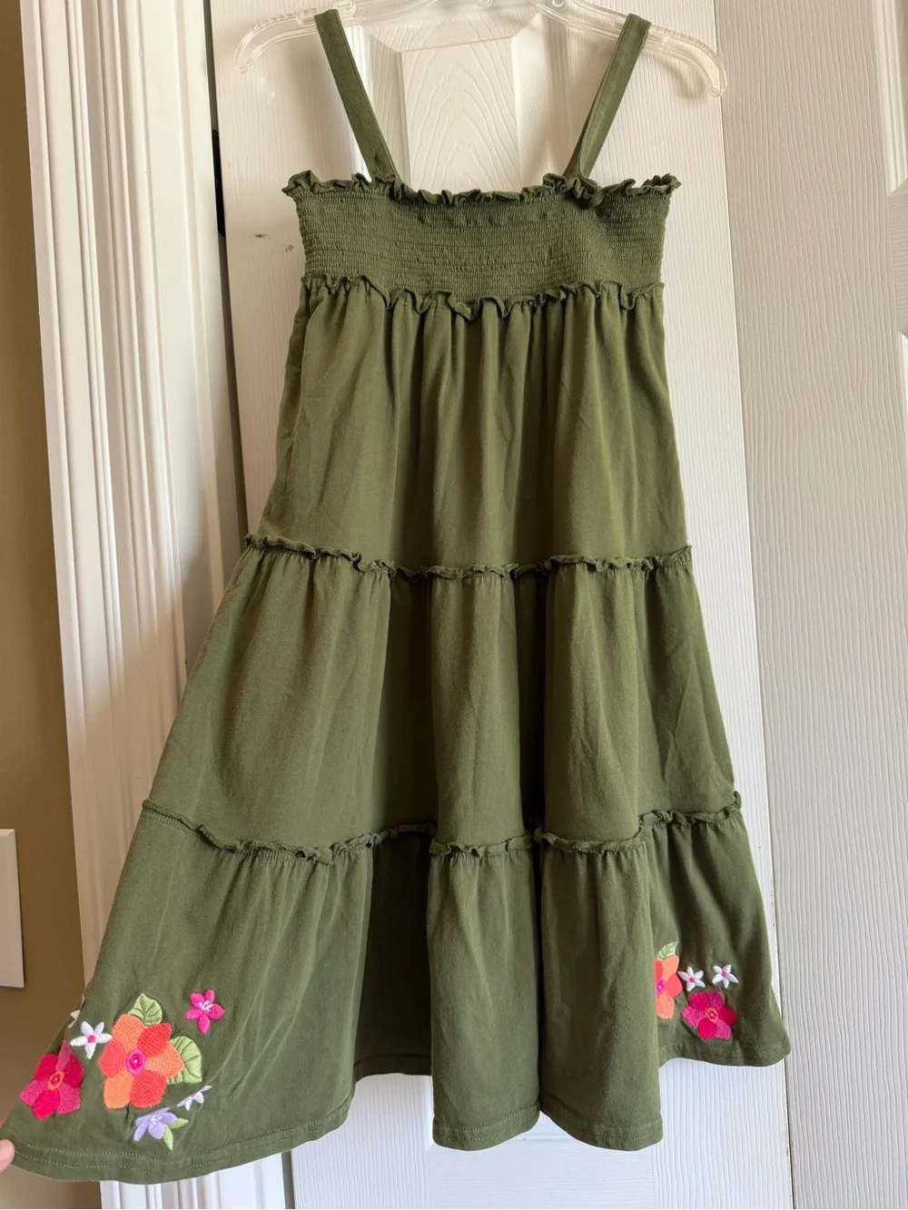 Gymboree Girls Olive Green Tiered Sundress with Floral Embroidery, SZ 12, EUC